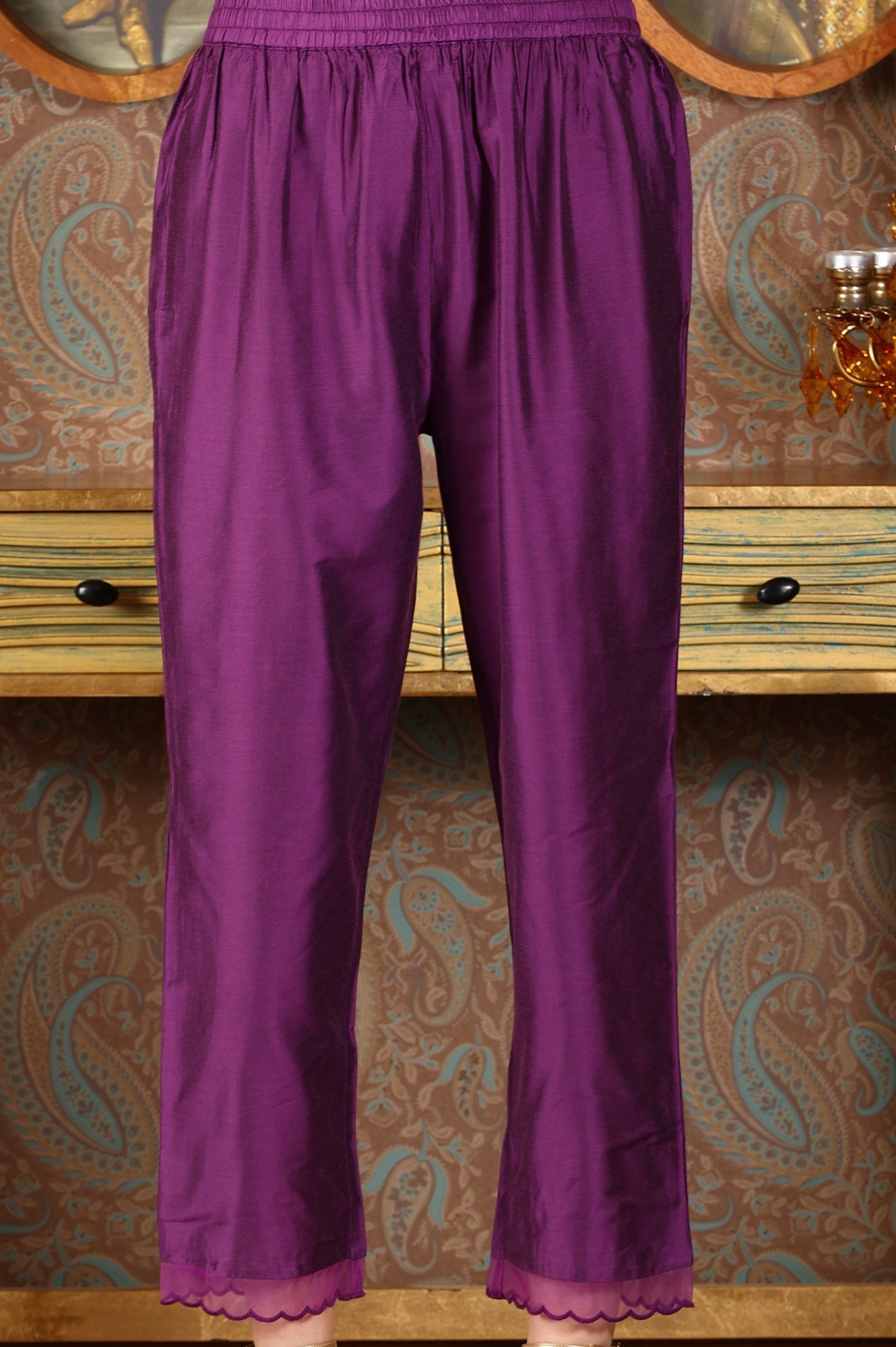 W for Woman Purple Floral Printed Sequined Circular Flared Kurta, Pants And Dupatta Set