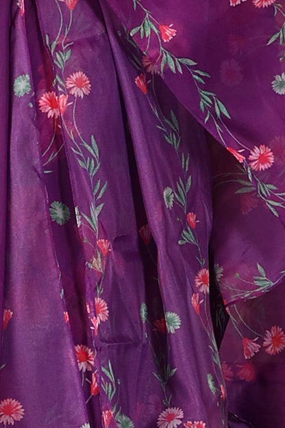 W for Woman Purple Floral Printed Sequined Circular Flared Kurta, Pants And Dupatta Set