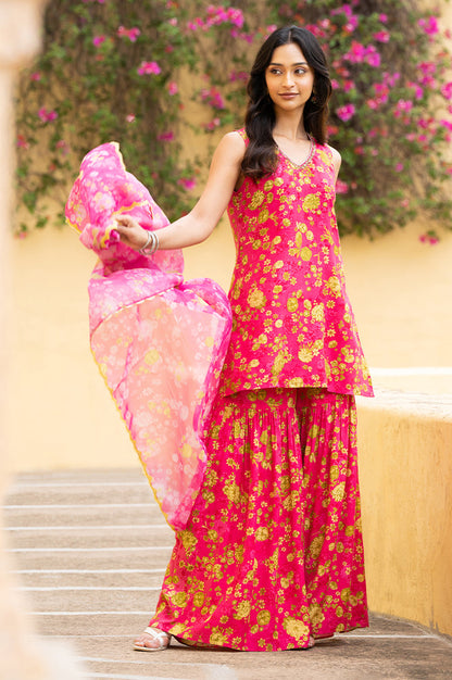 W for Woman Pink Floral Printed Sleeveless Short Kurta, Sharara And Dupatta Set