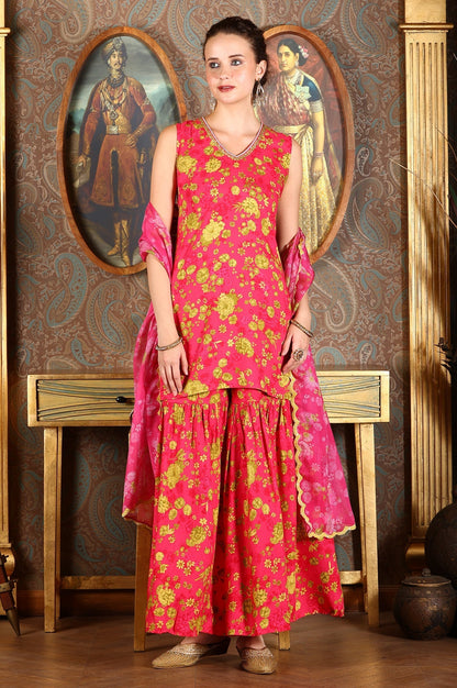 W for Woman Pink Floral Printed Sleeveless Short Kurta, Sharara And Dupatta Set