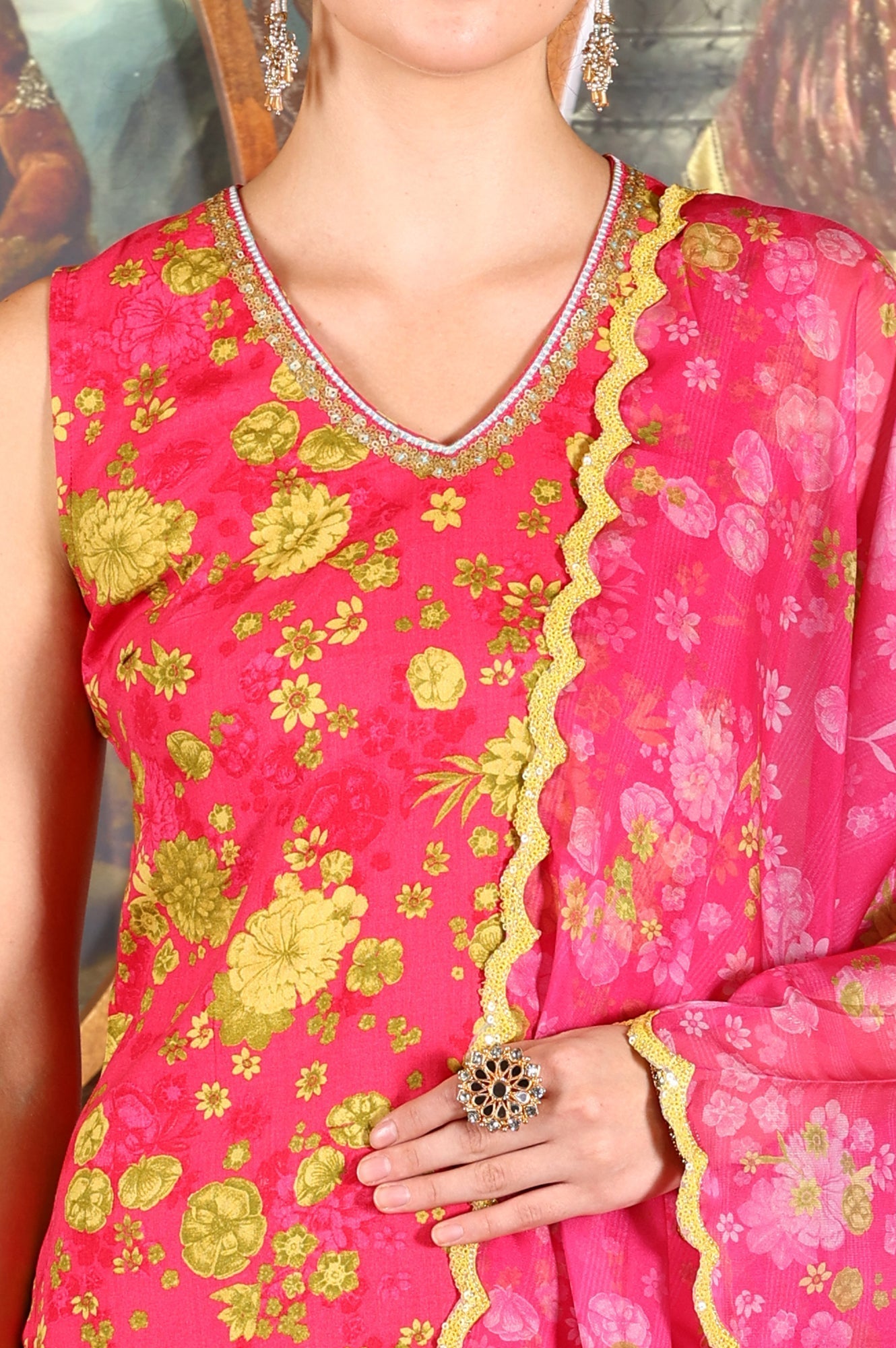 W for Woman Pink Floral Printed Sleeveless Short Kurta, Sharara And Dupatta Set