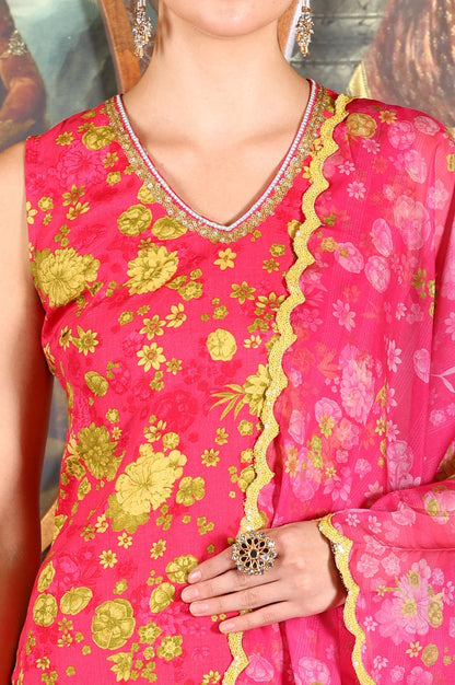 W for Woman Pink Floral Printed Sleeveless Short Kurta, Sharara And Dupatta Set