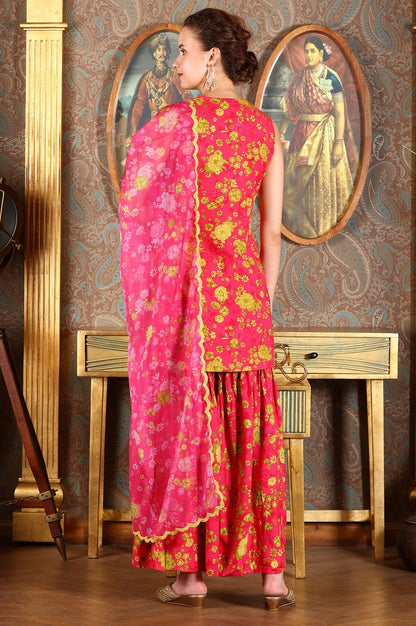 W for Woman Pink Floral Printed Sleeveless Short Kurta, Sharara And Dupatta Set