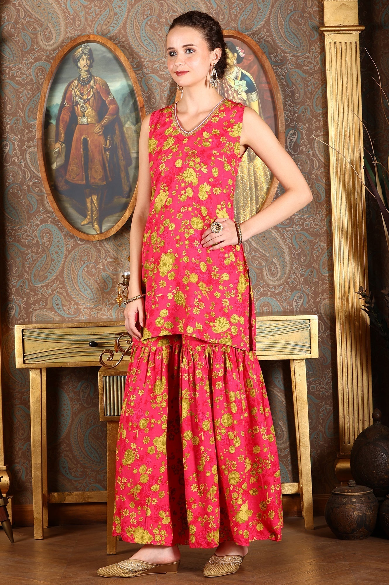 W for Woman Pink Floral Printed Sleeveless Short Kurta, Sharara And Dupatta Set