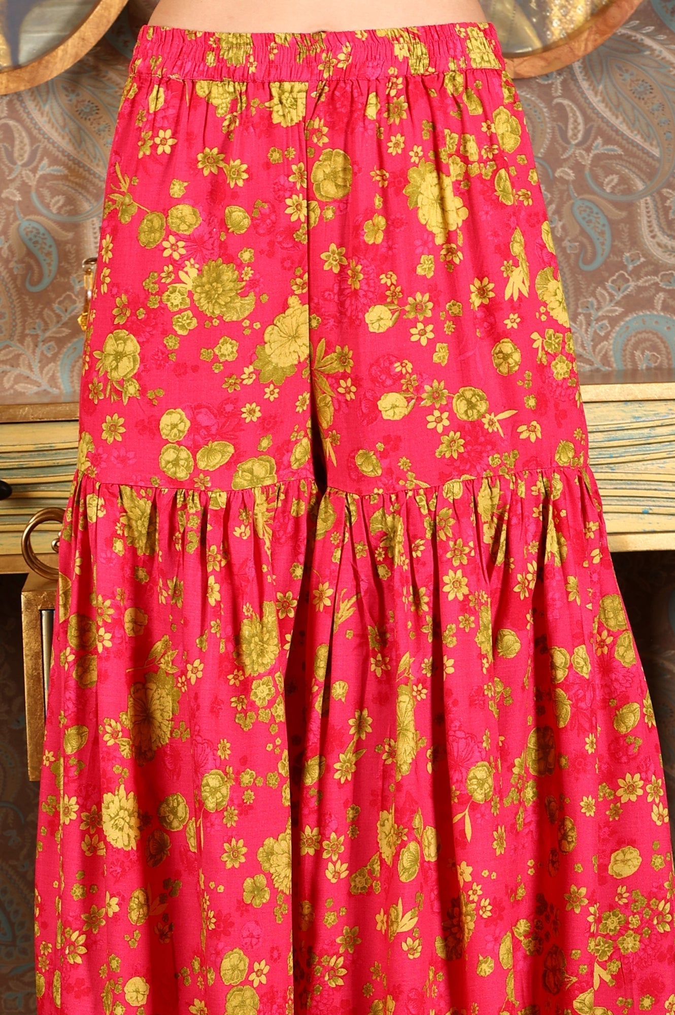 W for Woman Pink Floral Printed Sleeveless Short Kurta, Sharara And Dupatta Set