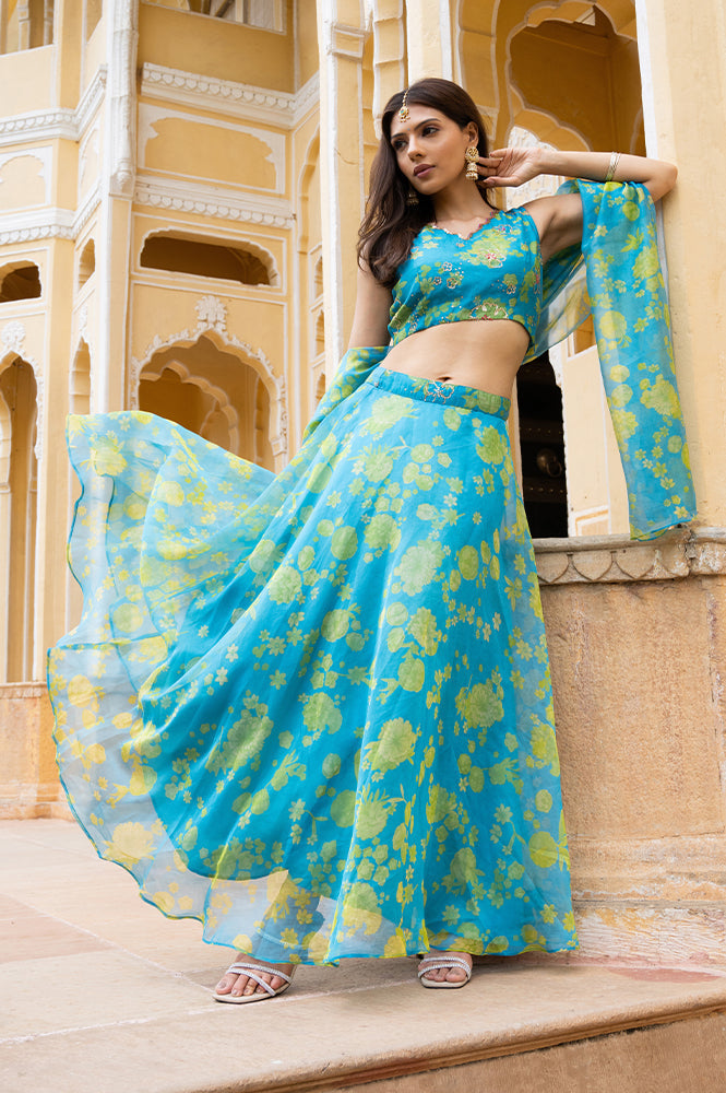 W for Woman Capri Blue Breezy Floral Printed Sequined Sleeveless Crop Top, Flared Skirt Set With Dupatta Set
