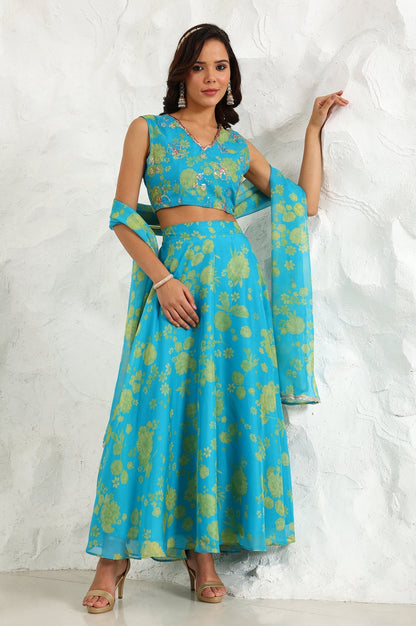 W for Woman Capri Blue Breezy Floral Printed Sequined Sleeveless Crop Top, Flared Skirt Set With Dupatta Set