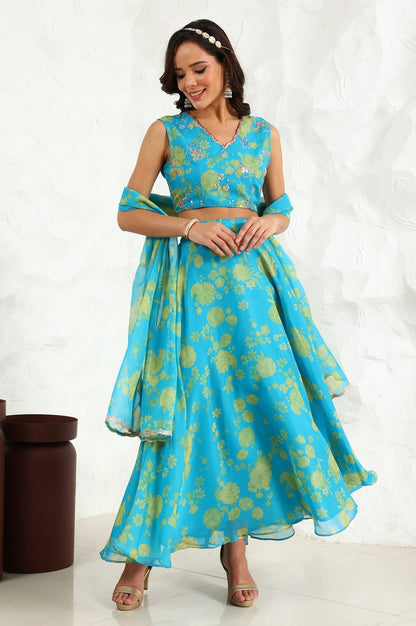 W for Woman Capri Blue Breezy Floral Printed Sequined Sleeveless Crop Top, Flared Skirt Set With Dupatta Set