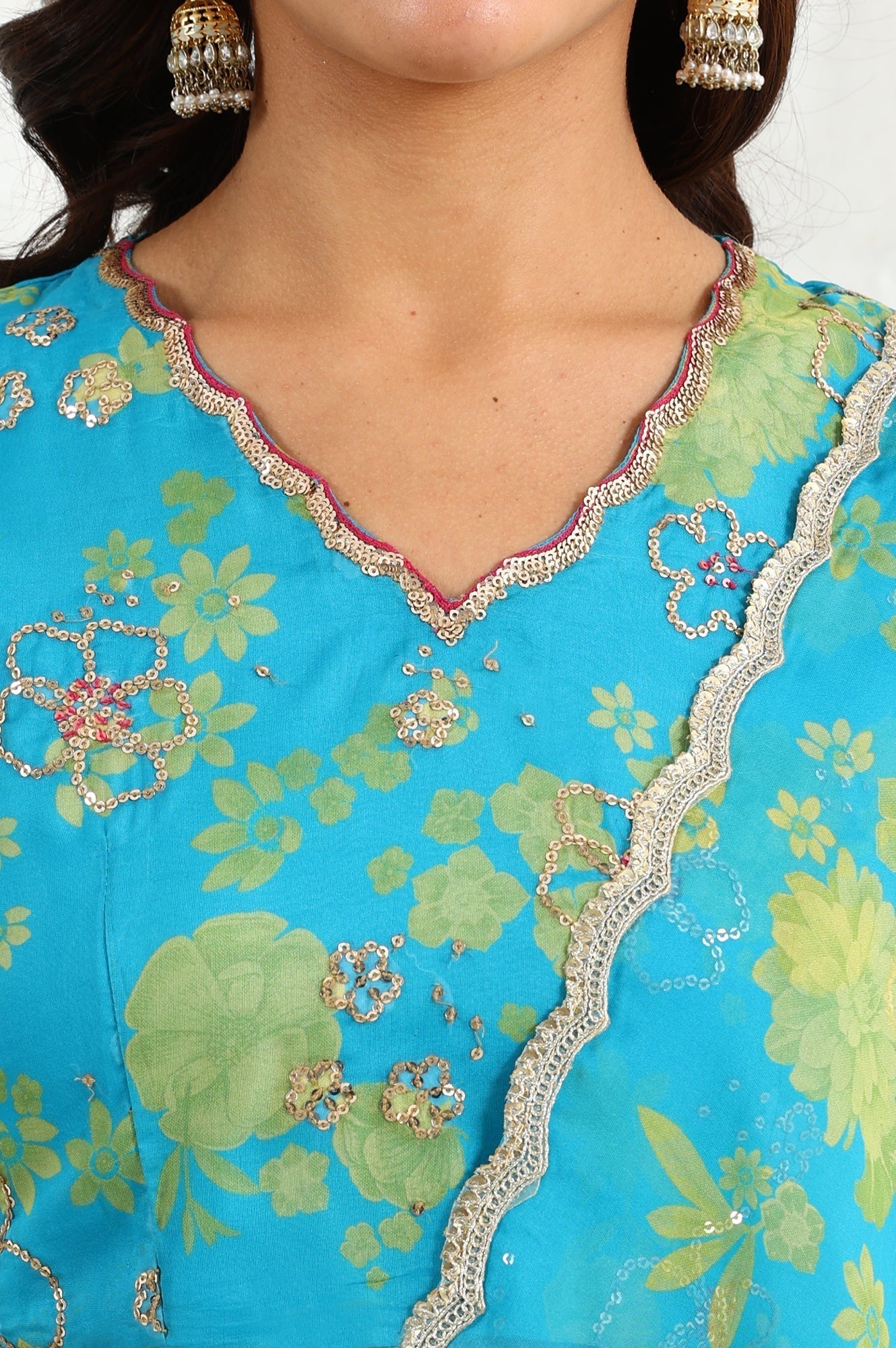 W for Woman Capri Blue Breezy Floral Printed Sequined Sleeveless Crop Top, Flared Skirt Set With Dupatta Set