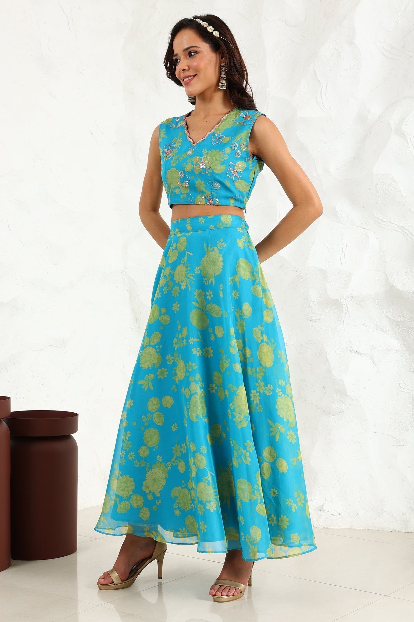 W for Woman Capri Blue Breezy Floral Printed Sequined Sleeveless Crop Top, Flared Skirt Set With Dupatta Set