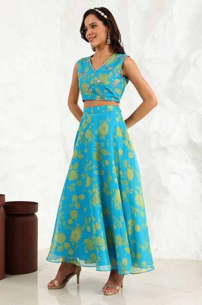 W for Woman Capri Blue Breezy Floral Printed Sequined Sleeveless Crop Top, Flared Skirt Set With Dupatta Set
