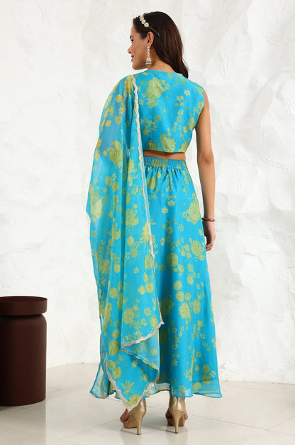 W for Woman Capri Blue Breezy Floral Printed Sequined Sleeveless Crop Top, Flared Skirt Set With Dupatta Set