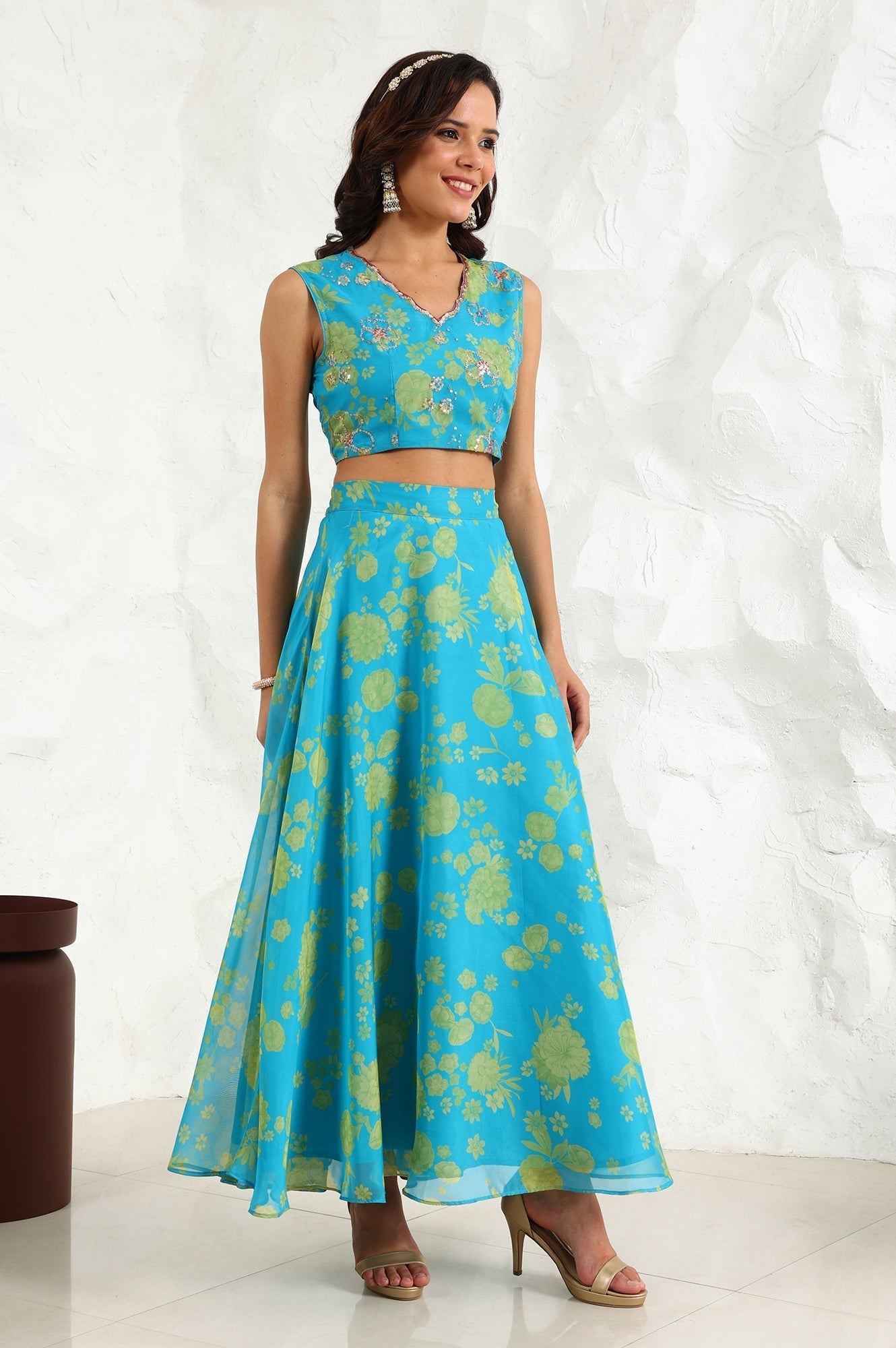 W for Woman Capri Blue Breezy Floral Printed Sequined Sleeveless Crop Top, Flared Skirt Set With Dupatta Set