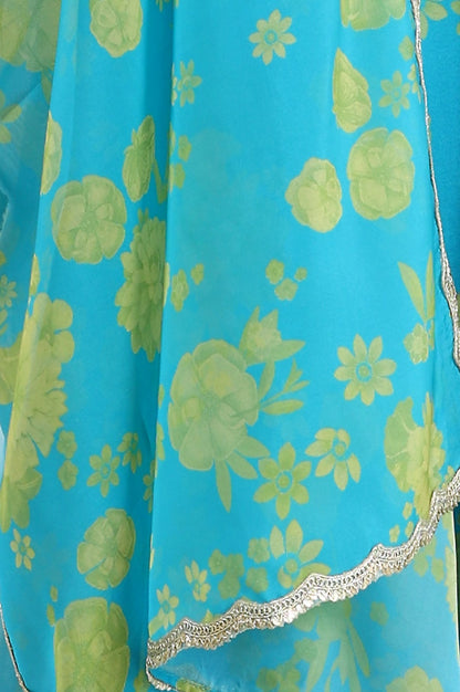 W for Woman Capri Blue Breezy Floral Printed Sequined Sleeveless Crop Top, Flared Skirt Set With Dupatta Set