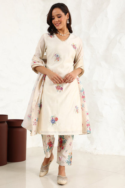 W for Woman Beige Floral Embroidered Chanderi Straight Kurta, Pants And Dupatta Set