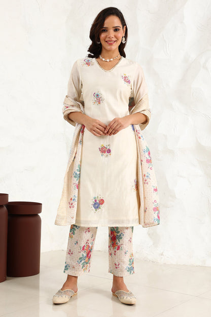 W for Woman Beige Floral Embroidered Chanderi Straight Kurta, Pants And Dupatta Set