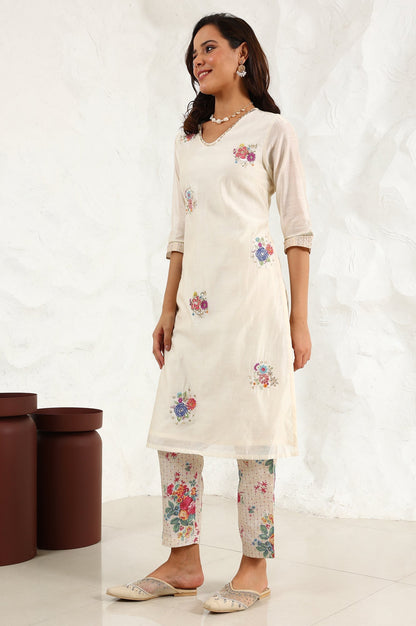 W for Woman Beige Floral Embroidered Chanderi Straight Kurta, Pants And Dupatta Set