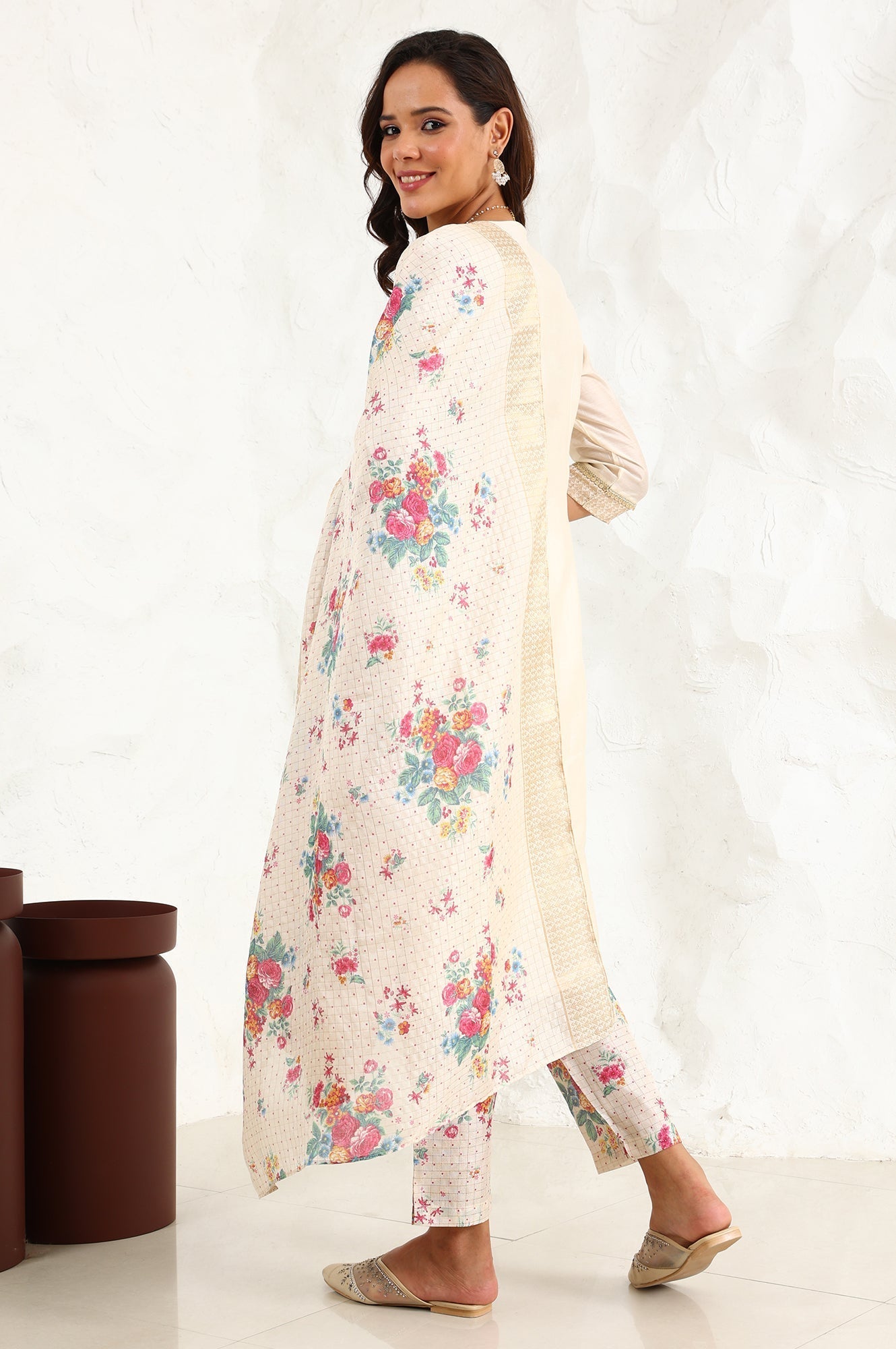 W for Woman Beige Floral Embroidered Chanderi Straight Kurta, Pants And Dupatta Set