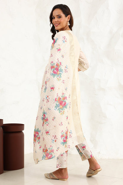 W for Woman Beige Floral Embroidered Chanderi Straight Kurta, Pants And Dupatta Set