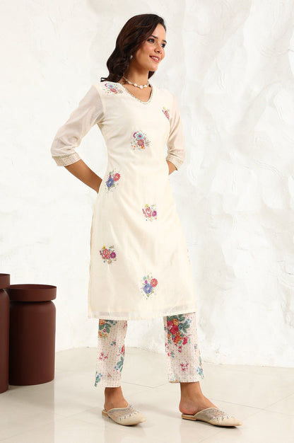 W for Woman Beige Floral Embroidered Chanderi Straight Kurta, Pants And Dupatta Set