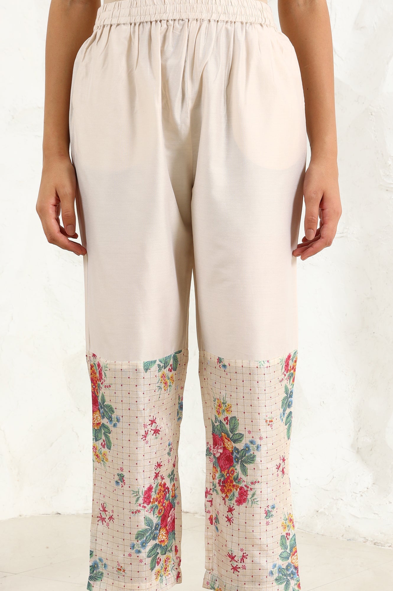 W for Woman Beige Floral Embroidered Chanderi Straight Kurta, Pants And Dupatta Set