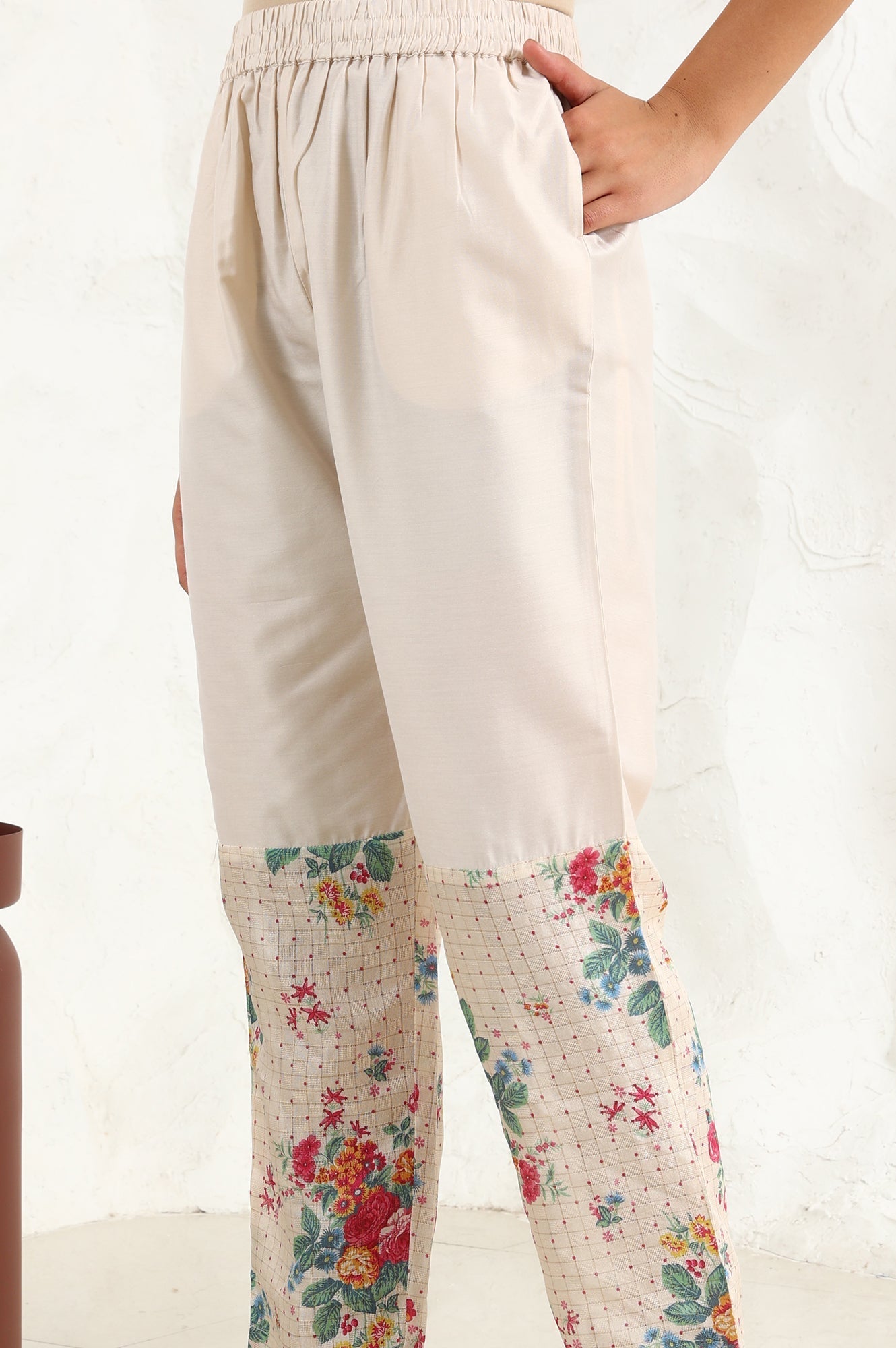 W for Woman Beige Floral Embroidered Chanderi Straight Kurta, Pants And Dupatta Set