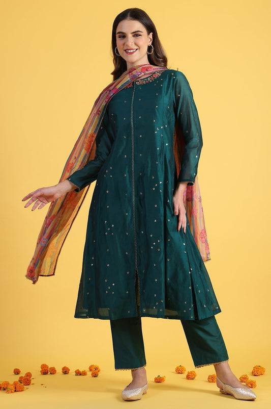 W for Woman Green Solid SequinsFlared Kurta & Straight pant with Dupatta Set