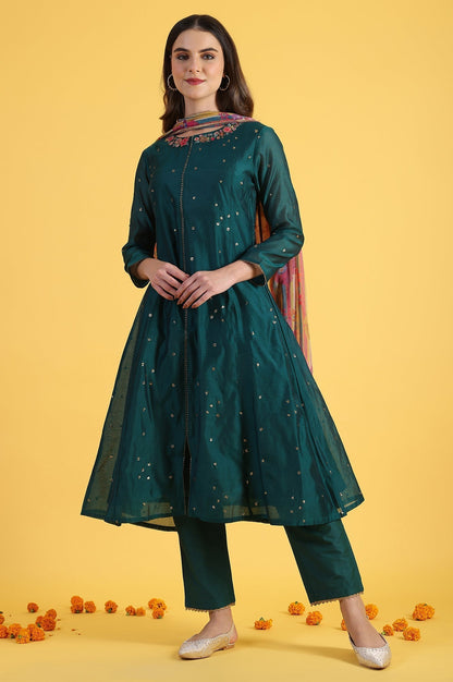 W for Woman Green Solid SequinsFlared Kurta & Straight pant with Dupatta Set