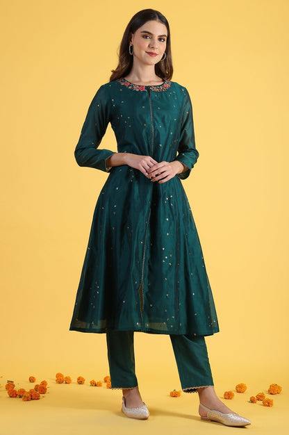 W for Woman Green Solid SequinsFlared Kurta & Straight pant with Dupatta Set
