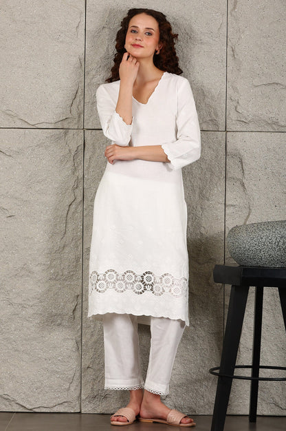 W for Woman White Thread Embroidered Linen Rayon Crepe Straight Kurta And Pants Set