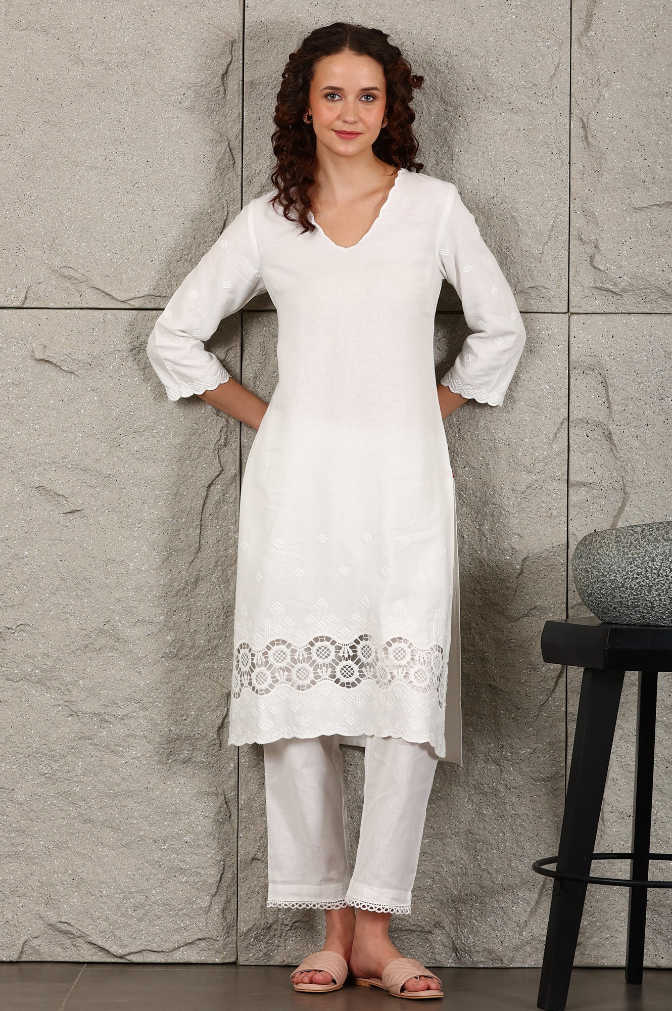 W for Woman White Thread Embroidered Linen Rayon Crepe Straight Kurta And Pants Set