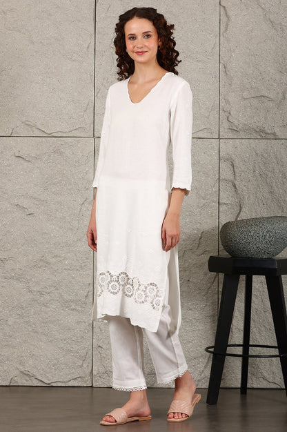 W for Woman White Thread Embroidered Linen Rayon Crepe Straight Kurta And Pants Set