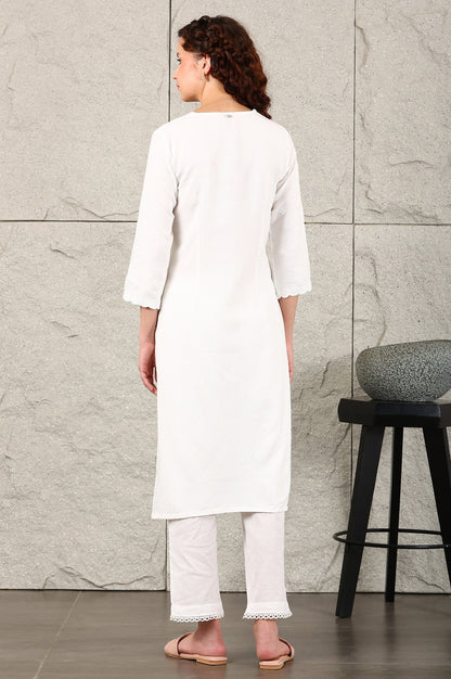 W for Woman White Thread Embroidered Linen Rayon Crepe Straight Kurta And Pants Set