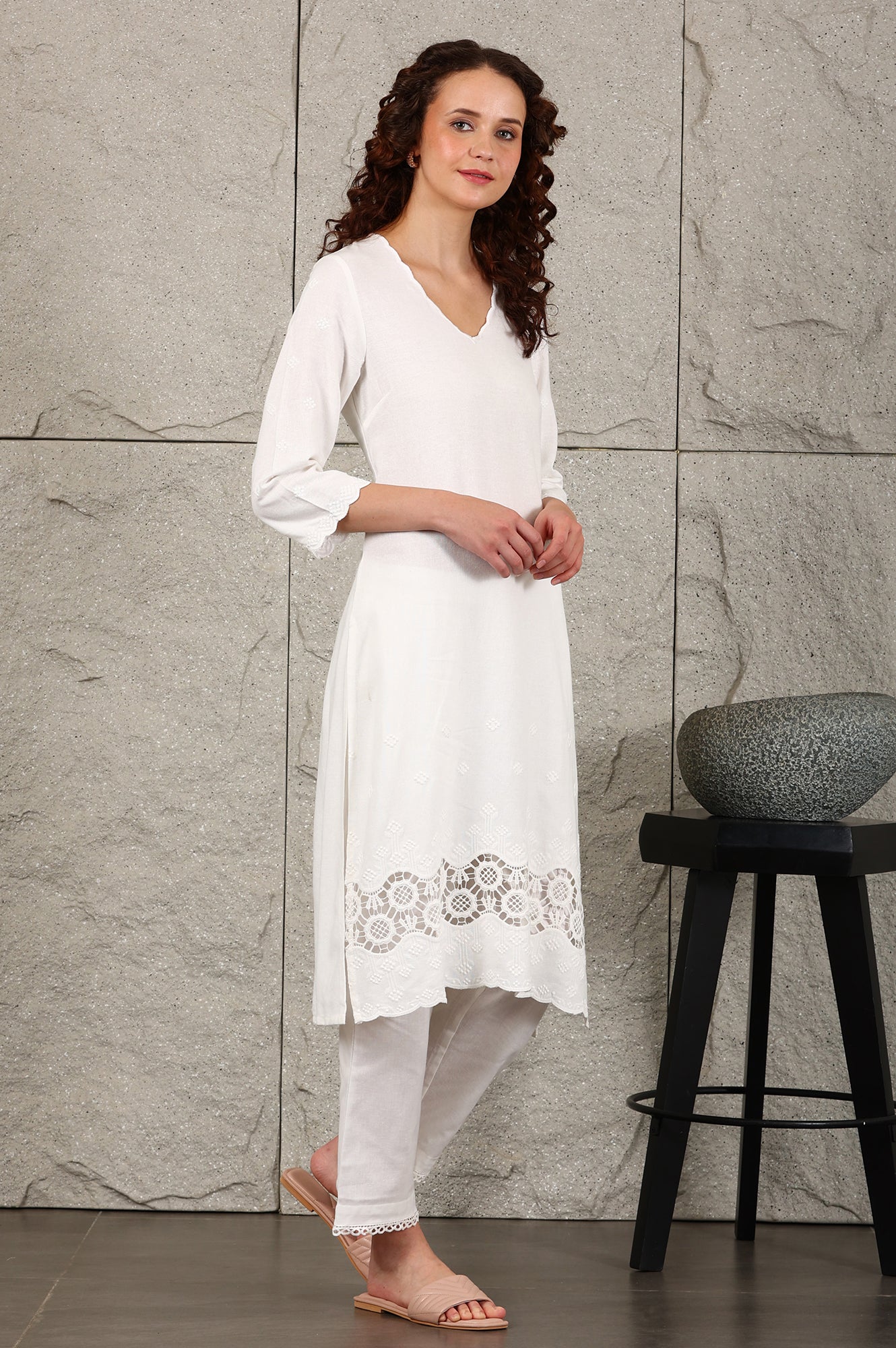 W for Woman White Thread Embroidered Linen Rayon Crepe Straight Kurta And Pants Set