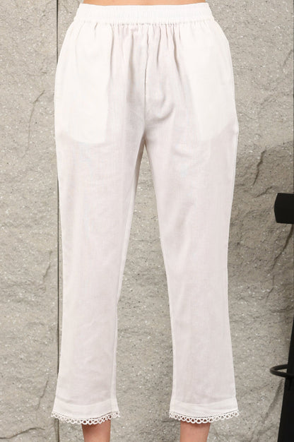 W for Woman White Thread Embroidered Linen Rayon Crepe Straight Kurta And Pants Set