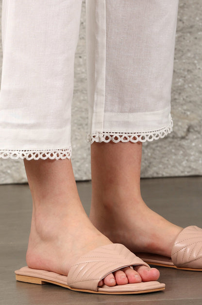 W for Woman White Thread Embroidered Linen Rayon Crepe Straight Kurta And Pants Set