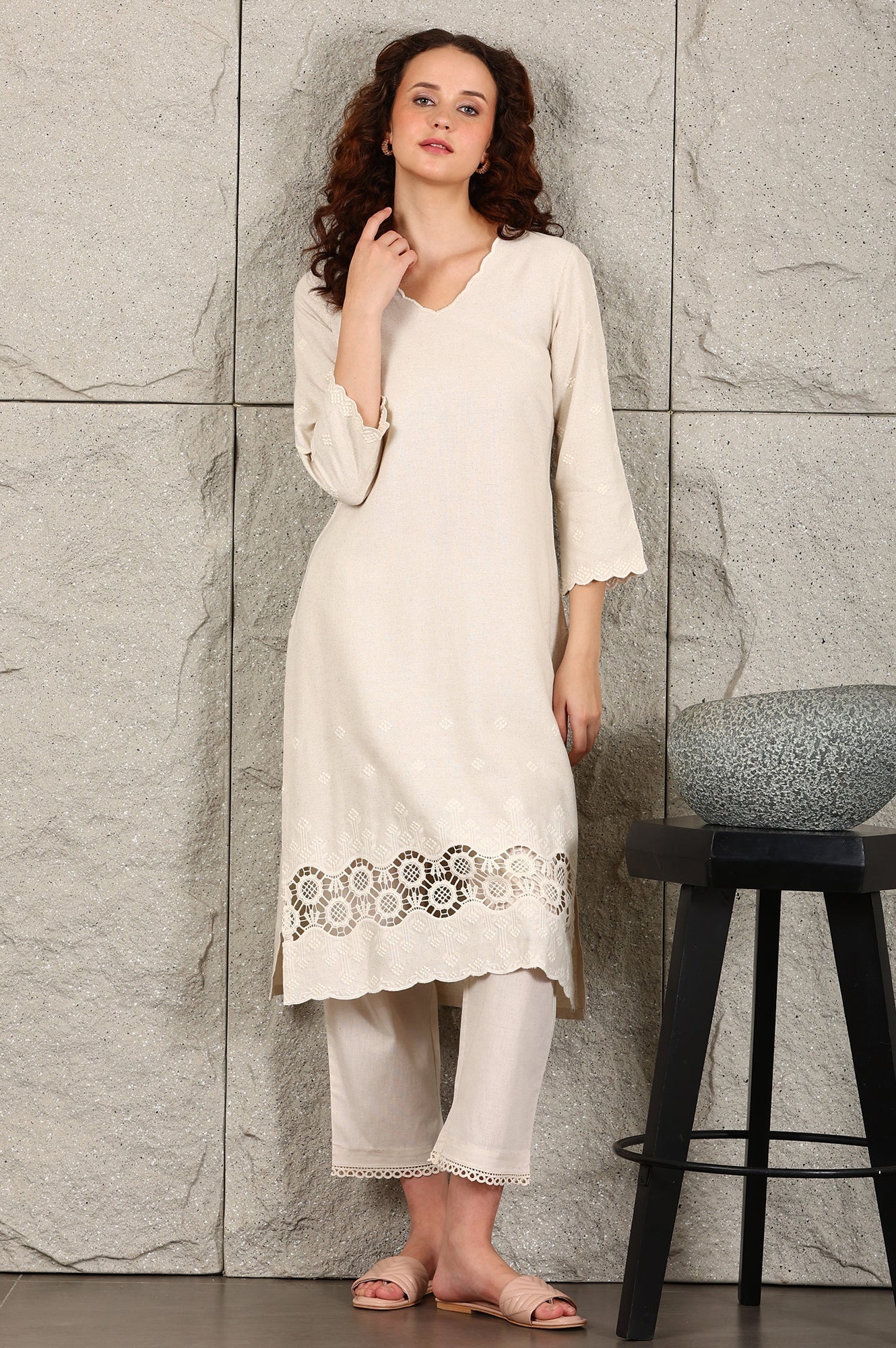 W for Woman Light Beige Thread Embroidered Linen Rayon Crepe Straight Kurta And Pants Set