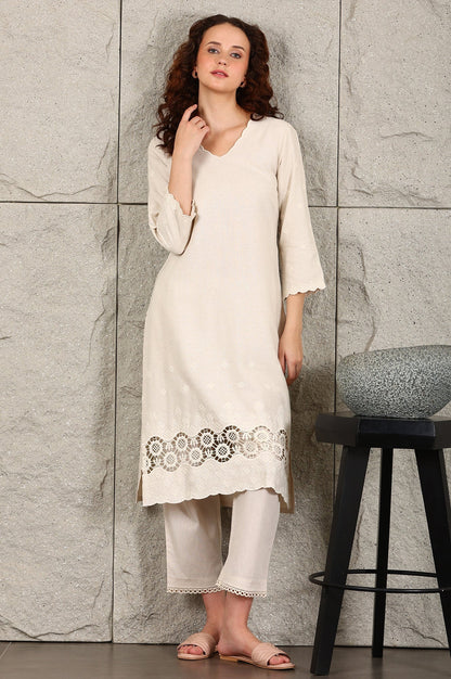 W for Woman Light Beige Thread Embroidered Linen Rayon Crepe Straight Kurta And Pants Set