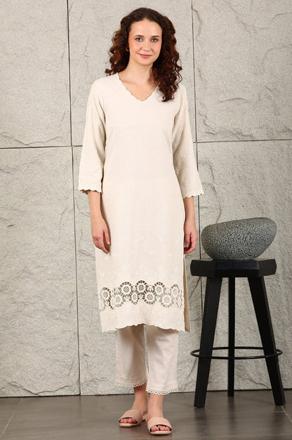 W for Woman Light Beige Thread Embroidered Linen Rayon Crepe Straight Kurta And Pants Set