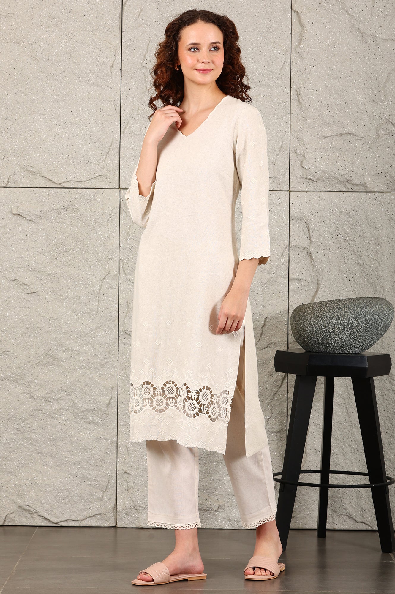 W for Woman Light Beige Thread Embroidered Linen Rayon Crepe Straight Kurta And Pants Set