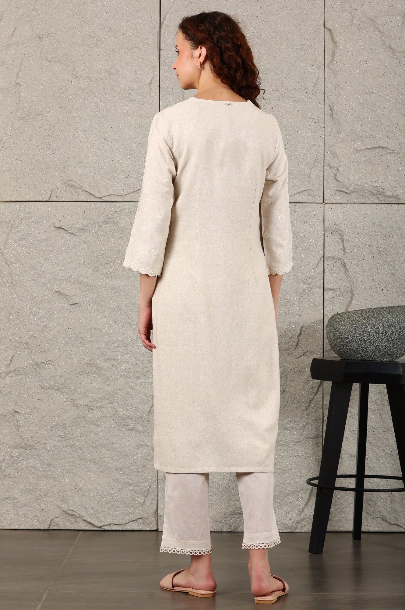 W for Woman Light Beige Thread Embroidered Linen Rayon Crepe Straight Kurta And Pants Set