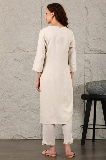 W for Woman Light Beige Thread Embroidered Linen Rayon Crepe Straight Kurta And Pants Set