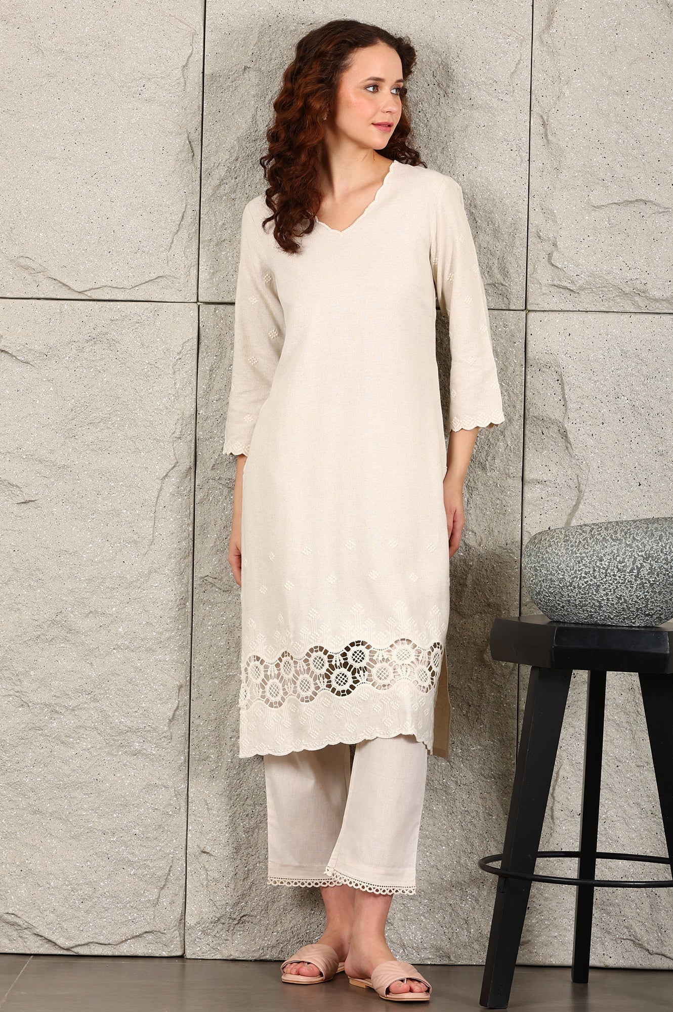 W for Woman Light Beige Thread Embroidered Linen Rayon Crepe Straight Kurta And Pants Set