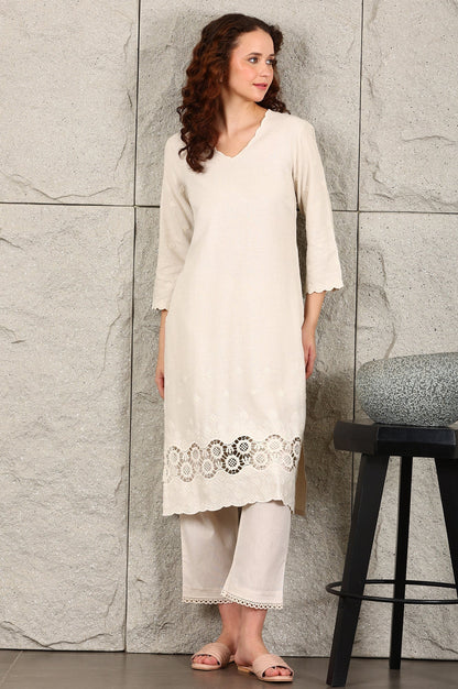 W for Woman Light Beige Thread Embroidered Linen Rayon Crepe Straight Kurta And Pants Set