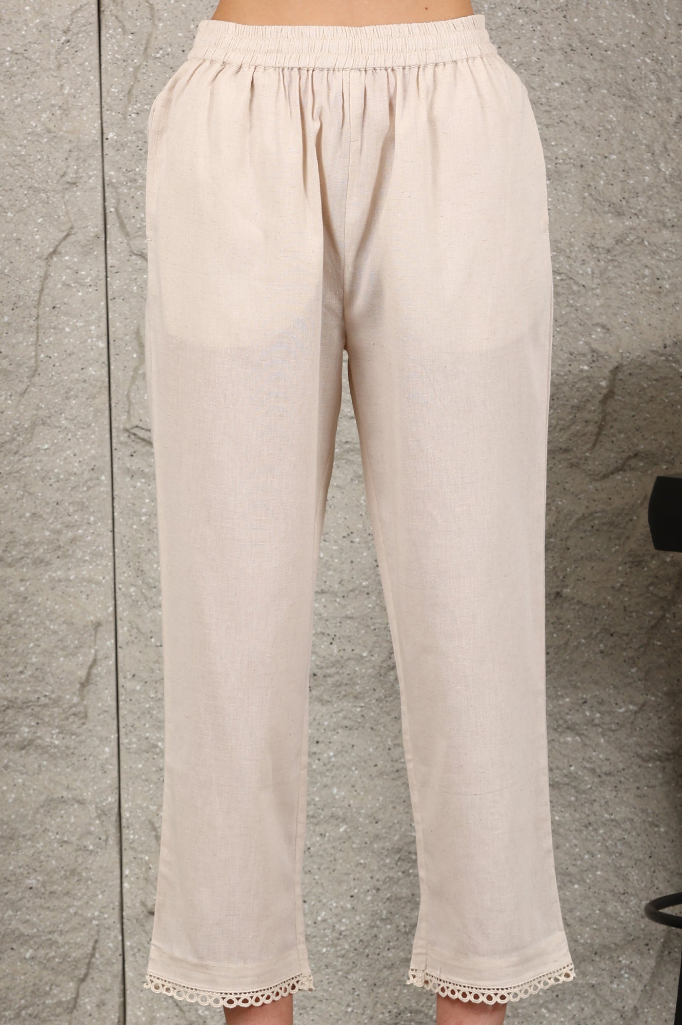 W for Woman Light Beige Thread Embroidered Linen Rayon Crepe Straight Kurta And Pants Set