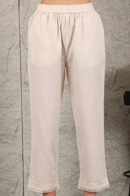 W for Woman Light Beige Thread Embroidered Linen Rayon Crepe Straight Kurta And Pants Set