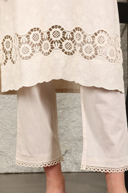 W for Woman Light Beige Thread Embroidered Linen Rayon Crepe Straight Kurta And Pants Set