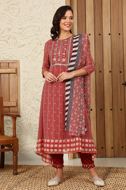 W for Woman Rust Red Geometric Printed Embroidered Flared Kurta, Pants And Dupatta Set