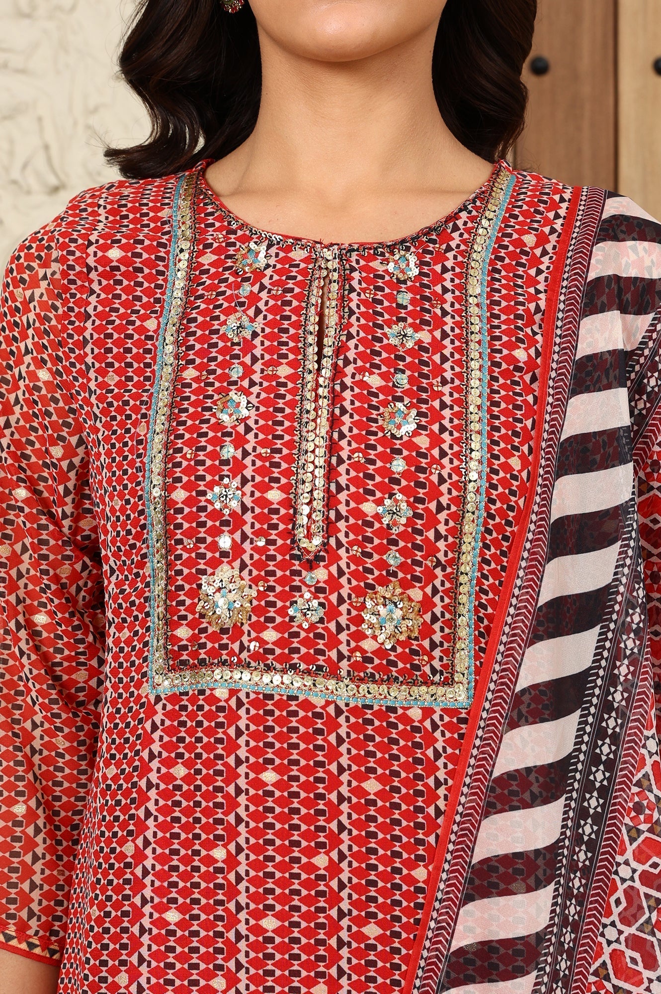 W for Woman Rust Red Geometric Printed Embroidered Flared Kurta, Pants And Dupatta Set