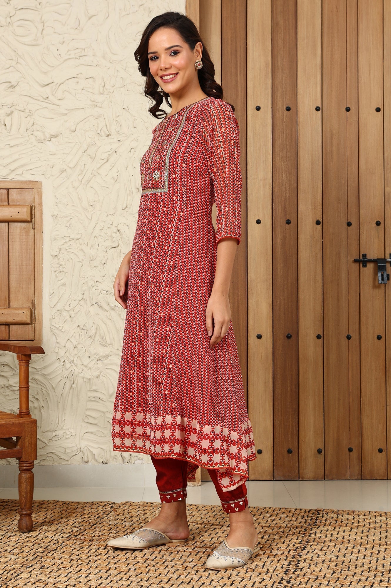 W for Woman Rust Red Geometric Printed Embroidered Flared Kurta, Pants And Dupatta Set
